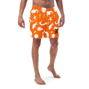 Orange Seashell & Seahorse All-Over Print Swim Trunks