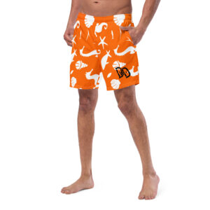 Orange Seashell & Seahorse All-Over Print Swim Trunks